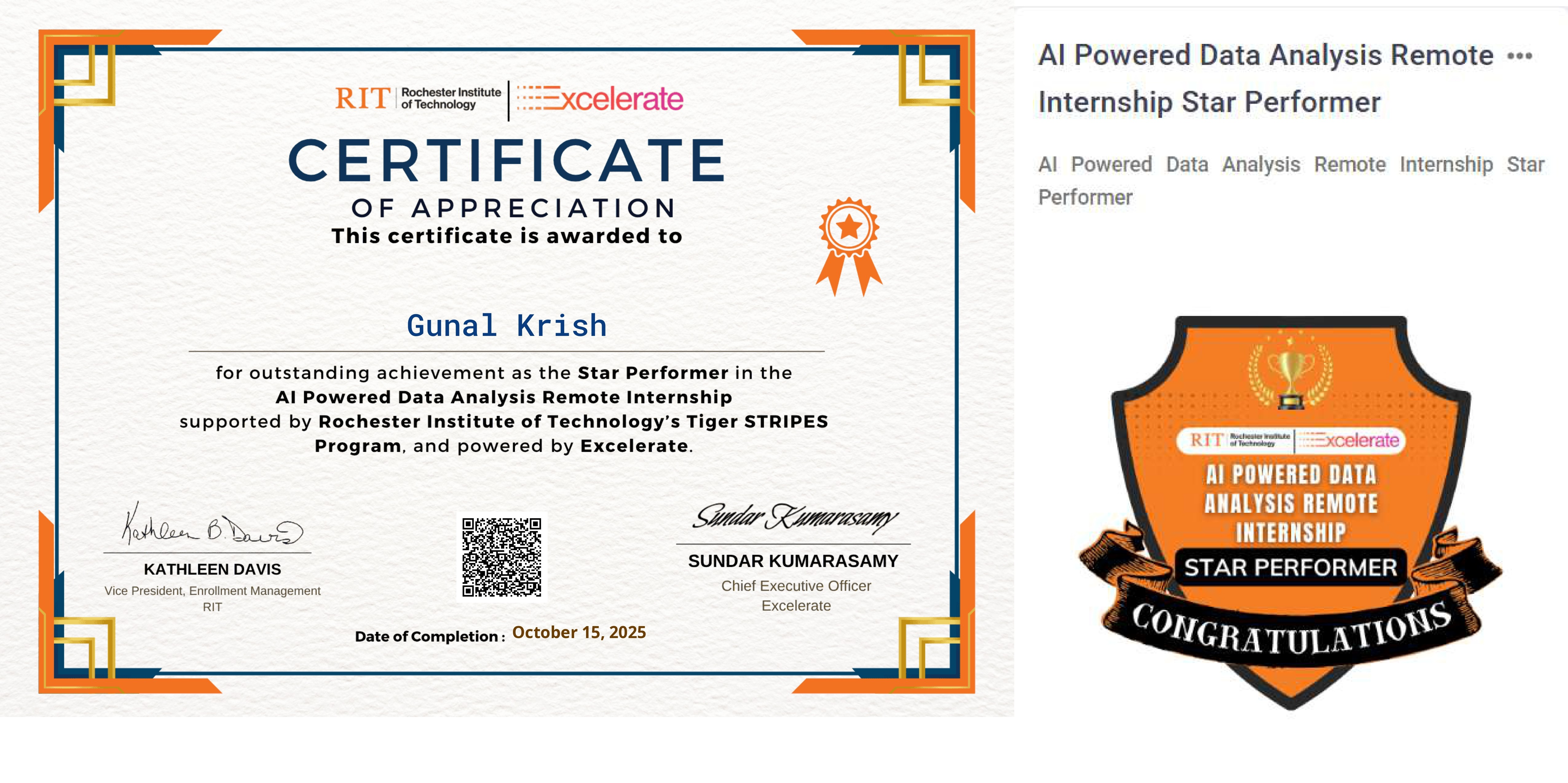 RIT Star Performer Certificate
